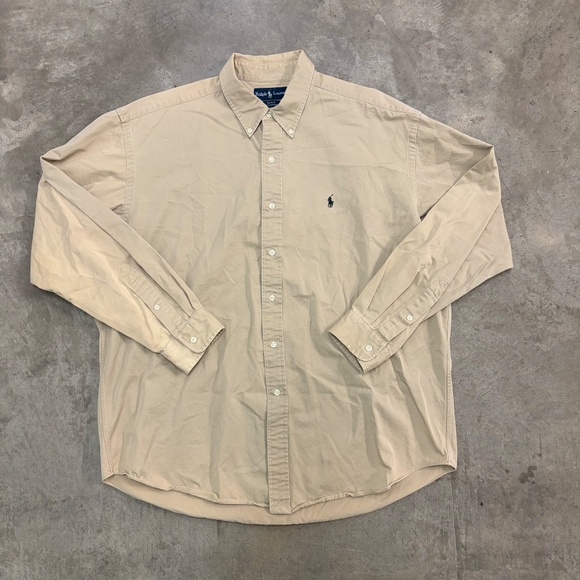 Y2K Polo Ralph Lauren long Sleeve Shirt Mens XL Tan Button Down Black Pony - Picture 2 of 10